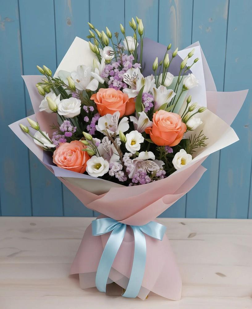 Букет цветов из: Лизиантусы, Розы, Альстромерии и Гипсофила в Лоухи