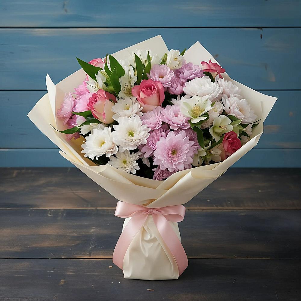 Букет цветов из: Хризантемы, Альстромерии и Розы в Лоухи